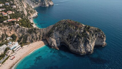 Aerial perspective showcasing natural limestone pillars emerging from the sparkling sea near a southern Italian peninsula.