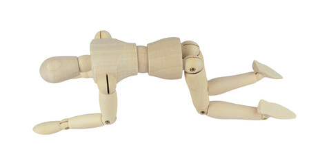 wooden man, wooden mannequin, crawling on all fours, isolated from background, concept of...