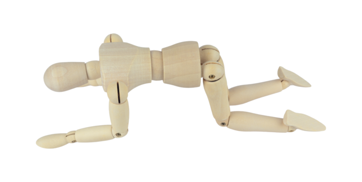 wooden man, wooden mannequin, crawling on all fours, isolated from background, concept of difficulties and pain