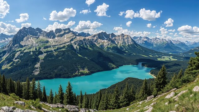 Experience the majestic panorama of a turquoise alpine lake situated at 2000 meters elevation, displayed in vivid detail.