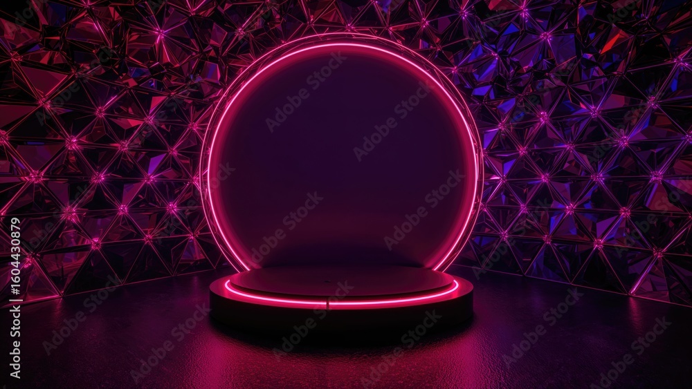 Poster 3d futuristic neon backdrop with polygonal design and cyber reality vibes, featuring a product displ