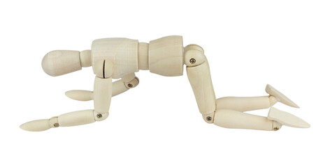 wooden man, wooden mannequin, crawling on all fours, isolated from background, concept of...