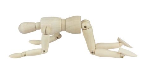 wooden man, wooden mannequin, crawling on all fours, isolated from background, concept of difficulties and pain
