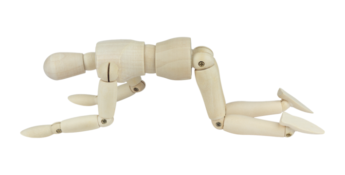 wooden man, wooden mannequin, crawling on all fours, isolated from background, concept of difficulties and pain
