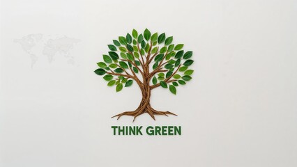 Obraz premium Eco-conscious Earth. Artistic tree composed of green foliage and twigs with a sketched globe design. Simple natural theme. Promote Green Living. Environmental Awareness. Aerial perspective. Flat