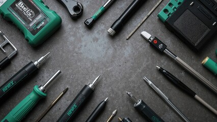 Set of instruments and tools in black and green designed for repair and construction. Essential equipment for men involved in building. Repair toolkit. Construction theme. Gray background.