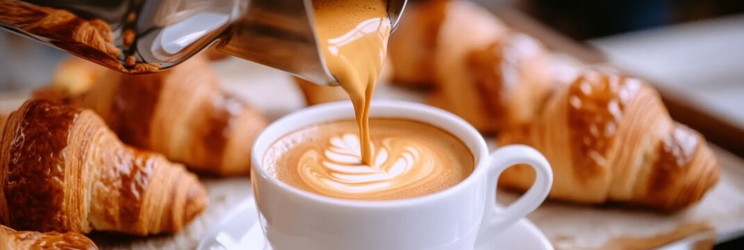 Delicious European Cafe Brunch with Warm Coffee, Croissants, and Beautiful Latte Art on Table