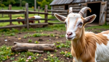 Fototapeta premium a small goat with long horns stands in a lush green field, looking attentively at the camera. the goat's coat is white, and it has brown accents around its eyes and ears