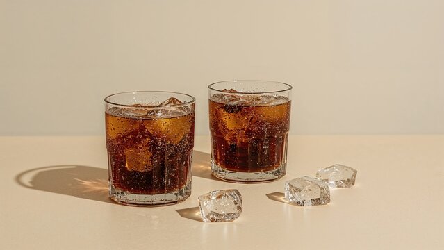 Chilled cola drinks in transparent glasses on a bright surface