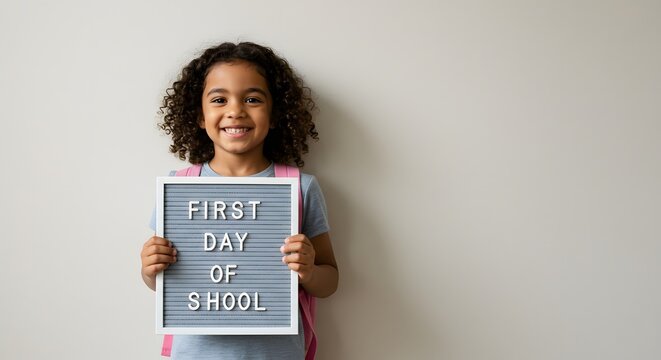 Joyful Girl with Curly Hair Holds Letter Board on First School Day. - Powered by Adobe