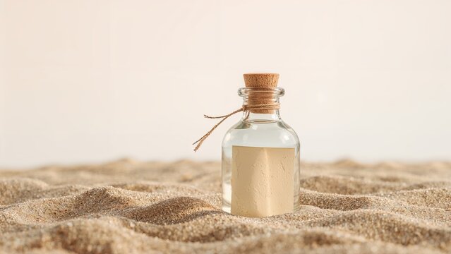 Isolated glass vessel with a letter inside placed on sand with a clean white backdrop
