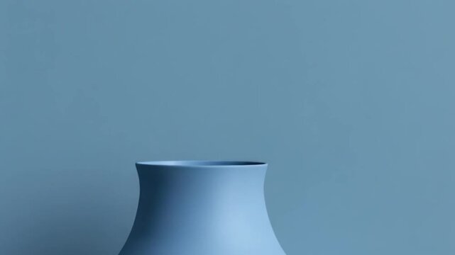 Minimalist Blue Interior with Curved Chair, Vases, and Wall Plants on Wooden Shelf

