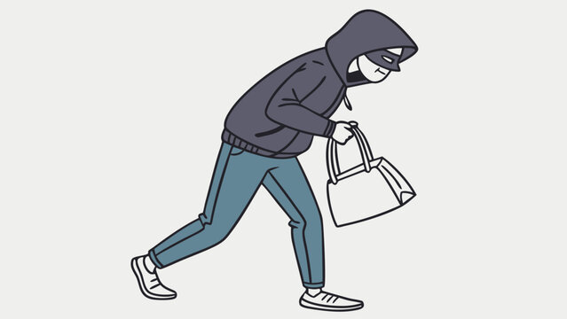 a cartoon man in a hoodie stealing a bag.