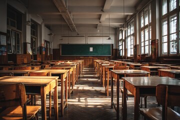 Empty Examination Hall with Wooden Desks and Natural Light