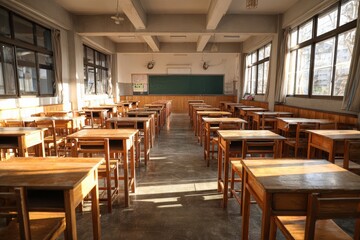Empty Examination Hall with Wooden Desks and Natural Light