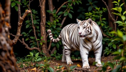 Fototapeta premium in the heart of a lush, verdant forest, a majestic white tiger stands with an air of quiet intensity. the tiger's fur contrasts sharply against the surrounding greenery, creating a striking visual