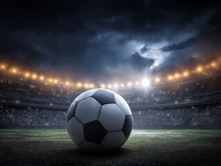 夜のスタジアムに置かれたサッカーボール