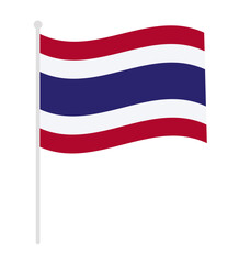 National flag of Thailand.Waving Thailand flag with pole isolated on white background.Southeast Asia country.Vector graphic illustration symbol.