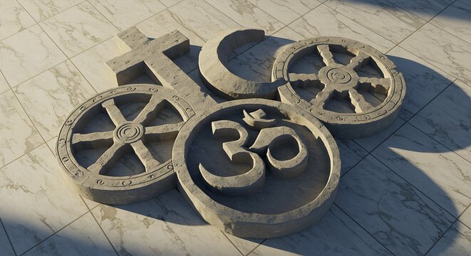 Interfaith Harmony: Stone Carved Symbols of Christianity, Islam, Buddhism and Hinduism Representing Religious Tolerance and Unity