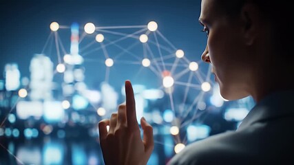 Woman Touching Digital Network Interface Over Cityscape at Night With Blurred Lights and Metropolitan Atmosphere Connecting Global Future - Powered by Adobe