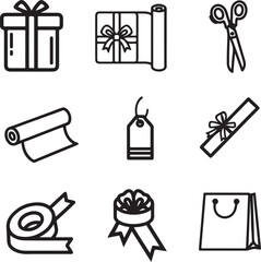 
"Gift wrapping icons vector set – colorful gift boxes, ribbons, bows, wrapping paper, holiday packaging symbols, festive present elements for Christmas, birthday, celebration, and party design".
