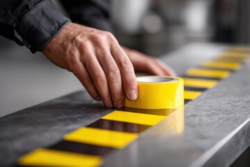 Safety training workplace rules concept. A hand applying yellow tape on a work surface with focus on precision in a workshop setting.