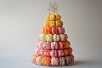 A collection of colorful macarons stacked in a decorative tower. Celebratory events. French pastries. Elegant and sweet