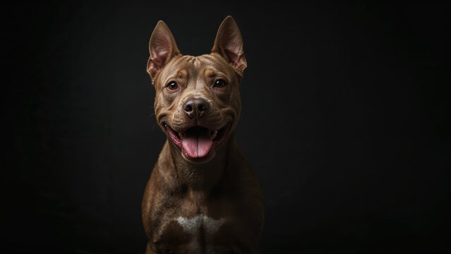 Playful smiling dog's expression on a shadowy background. Indoor photo of a happy pup. Lovable pet - Powered by Adobe