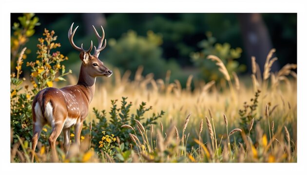 a deer standing amidst tall grasses in a field with green shrubs and trees in the background, under what appears to be an overcast sky