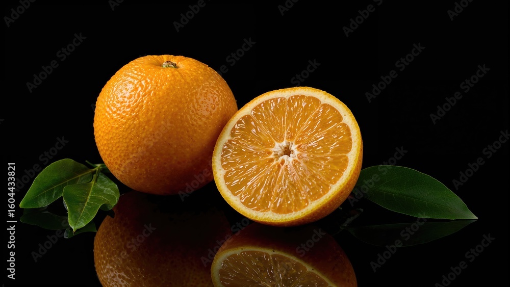 Poster whole and sliced mandarin oranges displayed on a dark surface with reflections