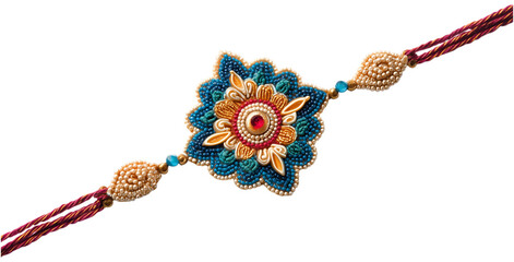 Fototapeta premium Beautiful handcrafted Rakhi with detailed floral design, vibrant colors, and ornamental beads, love and protection. traditional Raksha Bandhan festival. isolated on transparent background. PNG, cutout