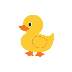 Adorable yellow duckling illustration with an orange beak and feet. A cute, simple flat design of a baby bird standing.