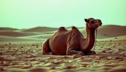 a camel resting in a sandy desert environment