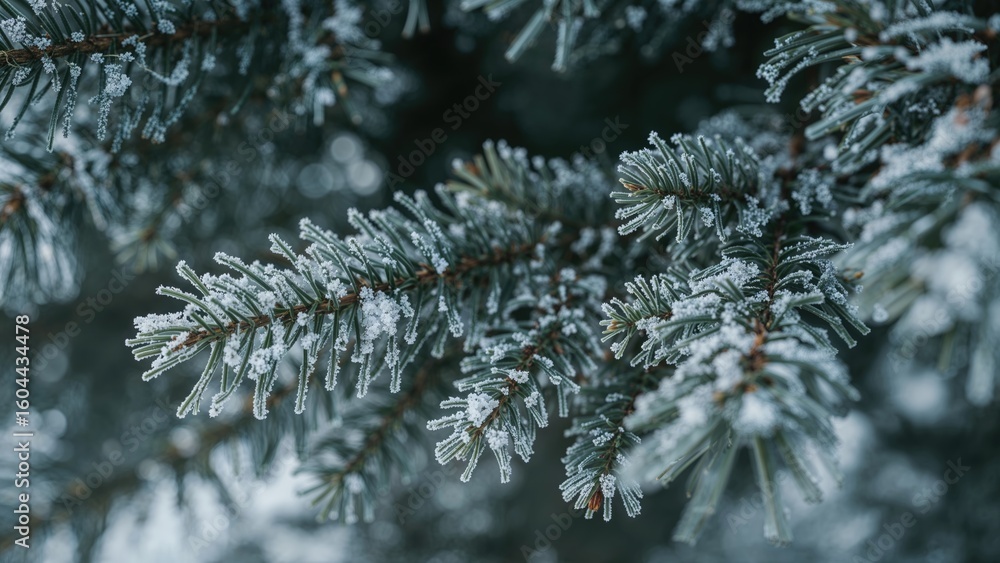 Poster snow-dusted conifer branches captured in a frosty setting