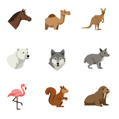 Fototapeta premium Set of nine diverse animal icons in a flat, geometric style, including wildlife, mammals, and a bird.