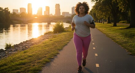 Golden Hour Run Confident Woman Jogs on a Riverside Path with a Sunlit Cityscape.