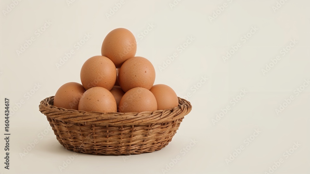 Poster front-facing brown eggs neatly piled in a woven basket against a plain backdrop with clipping path.