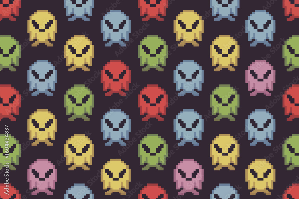 Poster a seamless pattern of pixelated alien characters in various colors on a dark background creating a r
