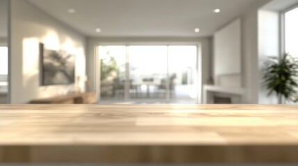 Fototapeta premium Kitchen interior with a wooden countertop background blurred modern.