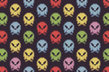A seamless pattern of pixelated alien characters in various colors on a dark background creating a retro vibe
