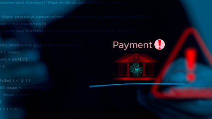 Digital banking icon with payment error alert and AI system code in background, representing fintech risk, payment failure, and cybersecurity threat.