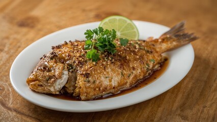 Golden fried fish seasoned with herbs, accompanied by a flavorful sauce