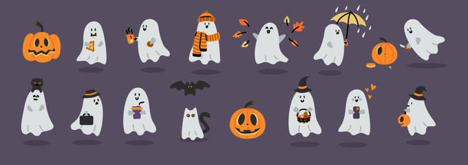 Set of cartoon ghosts with Halloween pumpkins, coffee, umbrella, autumn leaves, black cat, bat, and costumes. Halloween celebration. Autumn holidays.