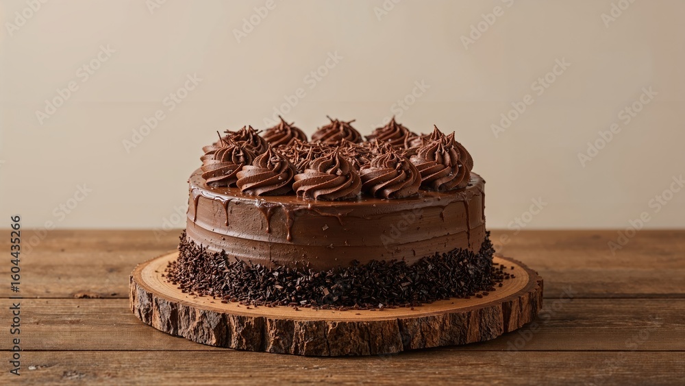 Poster newly made chocolate cake displayed on a tabletop with a muted backdrop. space reserved for text