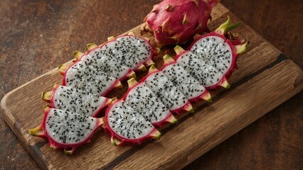 Recently Sliced Dragon Fruit Portions on a Wooden Plank