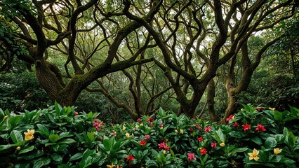 Lush verdant jungle with climbing plants backdrop