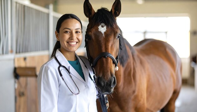 Veterinarian doctor smiling with brown horse at stable for equine health checkup