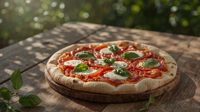 Just baked margherita pizza garnished with tomato, cheese, and basil on a backyard table.