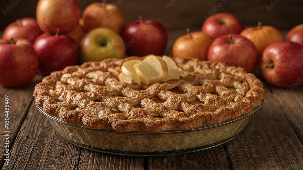 Poster close-up of homemade apple pie with apples behind, shallow depth of field