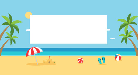 Beach scene with palm trees, sun, sand, and umbrella, a perfect summer vacation illustration